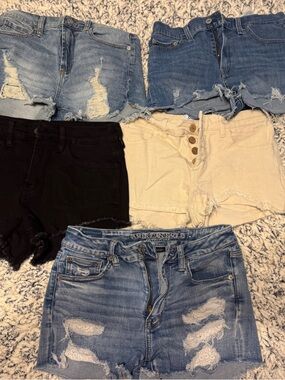 Mixed Denim and Cotton High-Rise Shorts Bundle - Blue, Black, Cream
